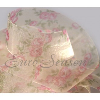 Лента с рисунком органза 28мм Roses Beige (мин.1м)